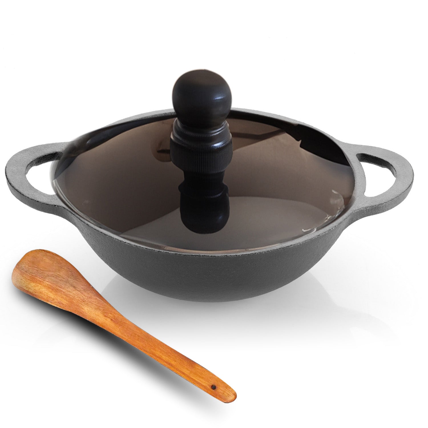 24cm Cast Iron Kadhai with Glass Lid & Wooden Spatula