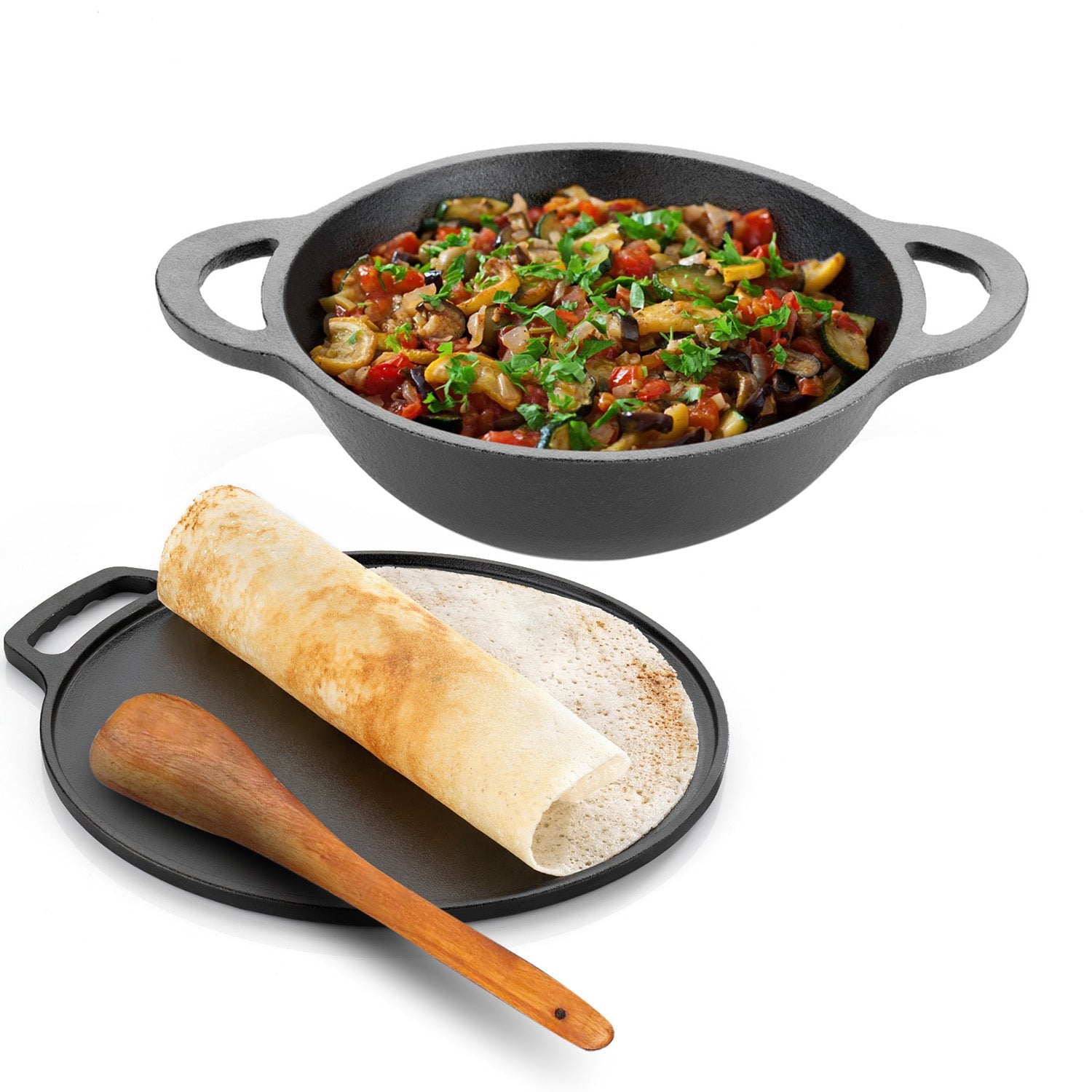 Cast Iron Dosa Tawa & Kadhai Set with Wooden Spatula