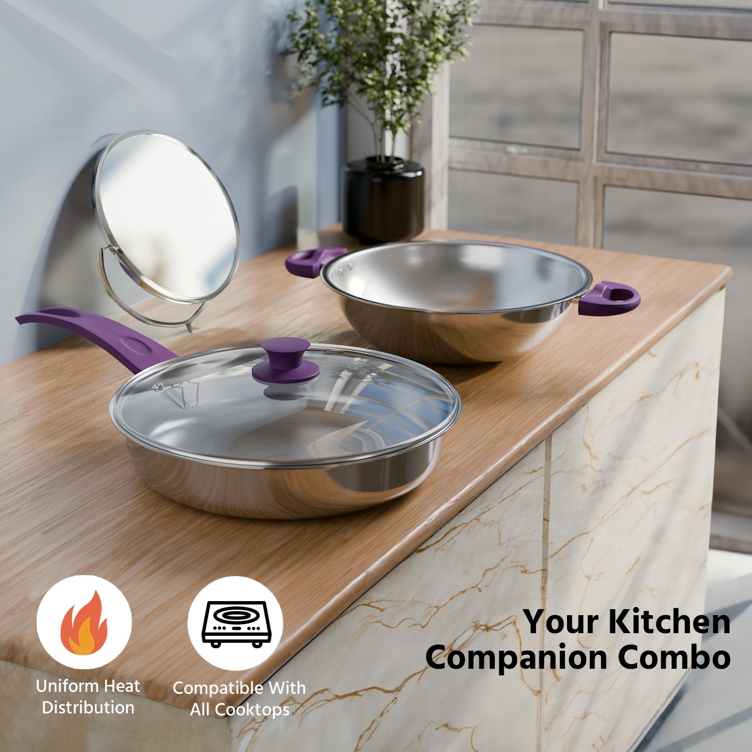 Combo Kadhai with Fry Pan Lid Induction Bottom Cookware Set