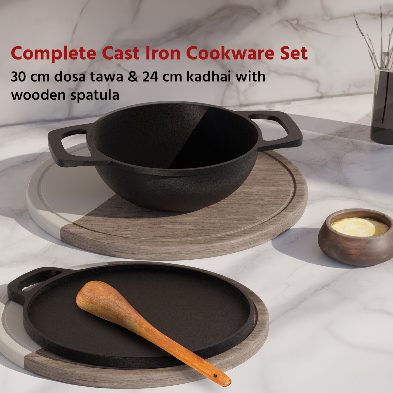 Cast Iron Dosa Tawa & Kadhai Set with Wooden Spatula