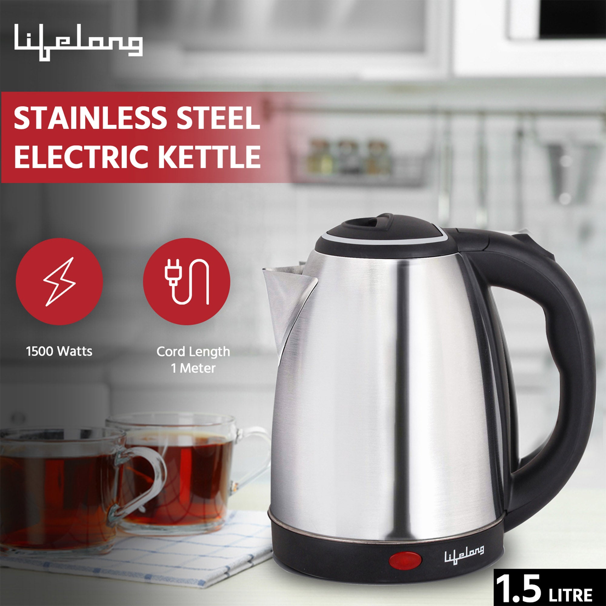 Electric Kettle 1.5L with Stainless Steel Body, Easy and Fast Boiling of Water for Instant Noodles, Soup, Tea