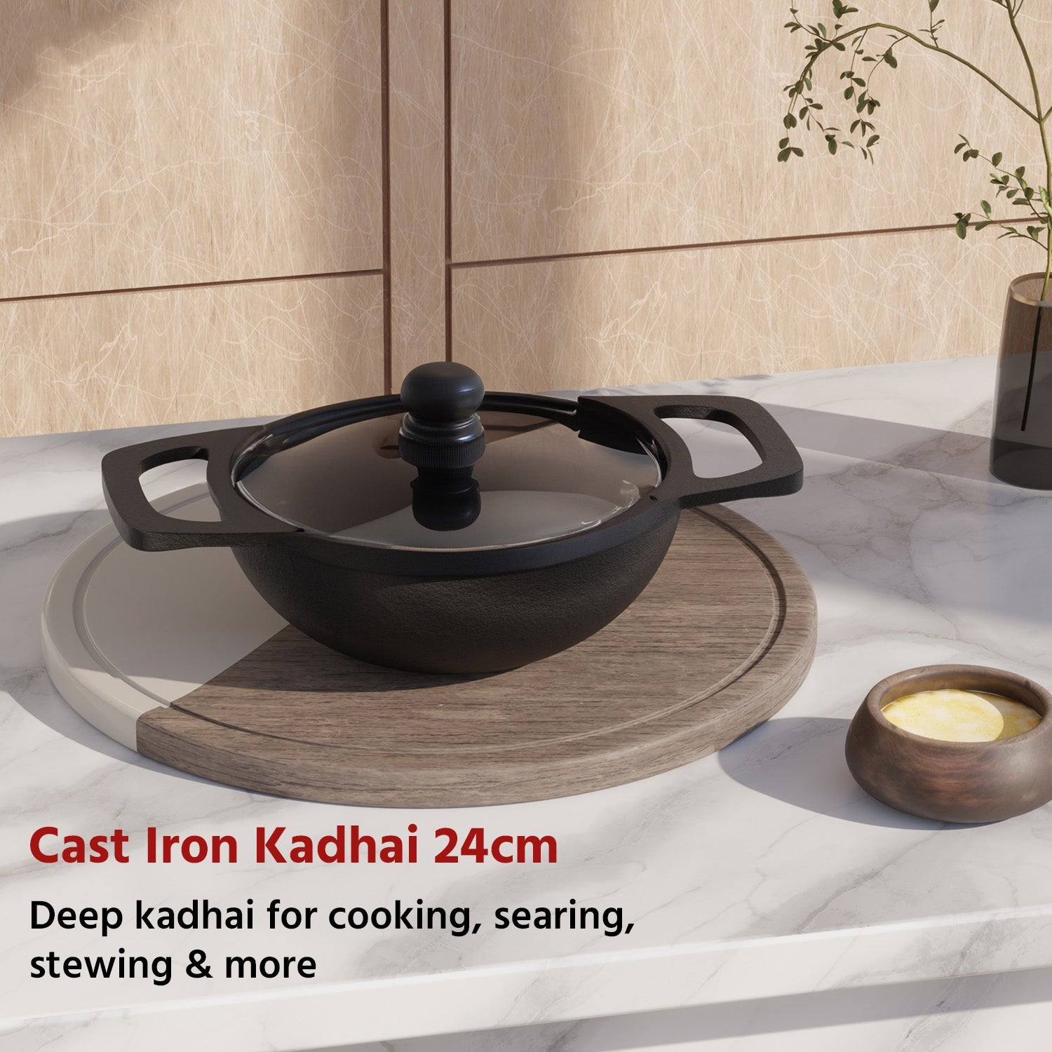 24cm Cast Iron Kadhai with Glass Lid & Wooden Spatula