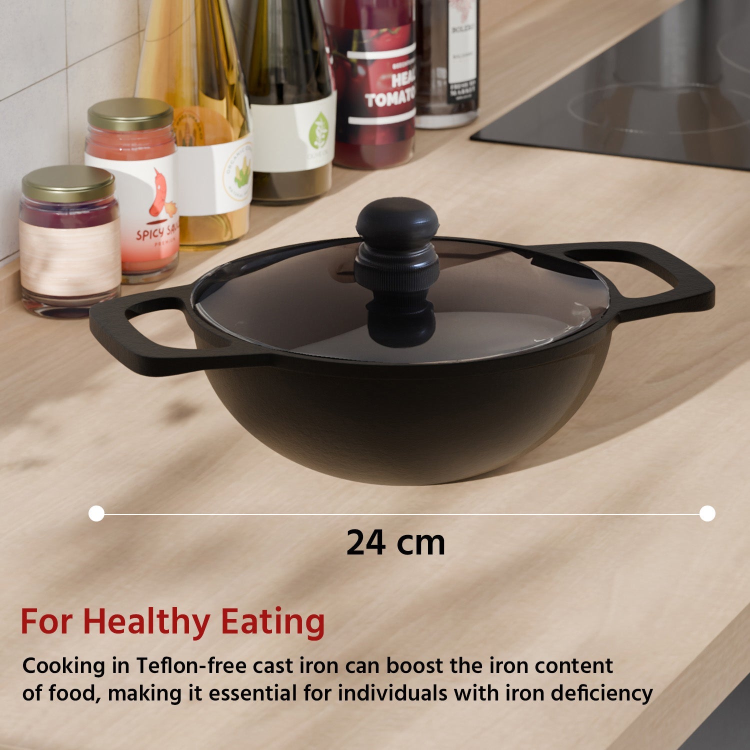 24cm Cast Iron Kadhai with Glass Lid & Wooden Spatula