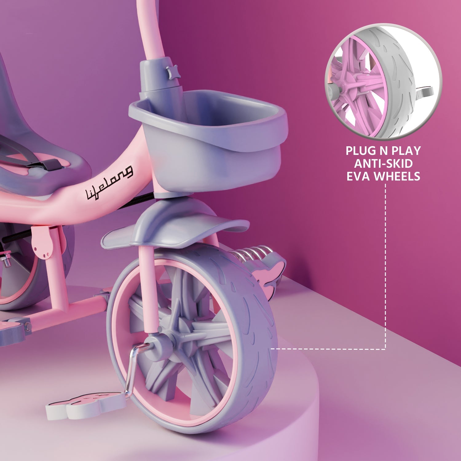 Kids Trike Cycle Parental Control, Pink & Grey