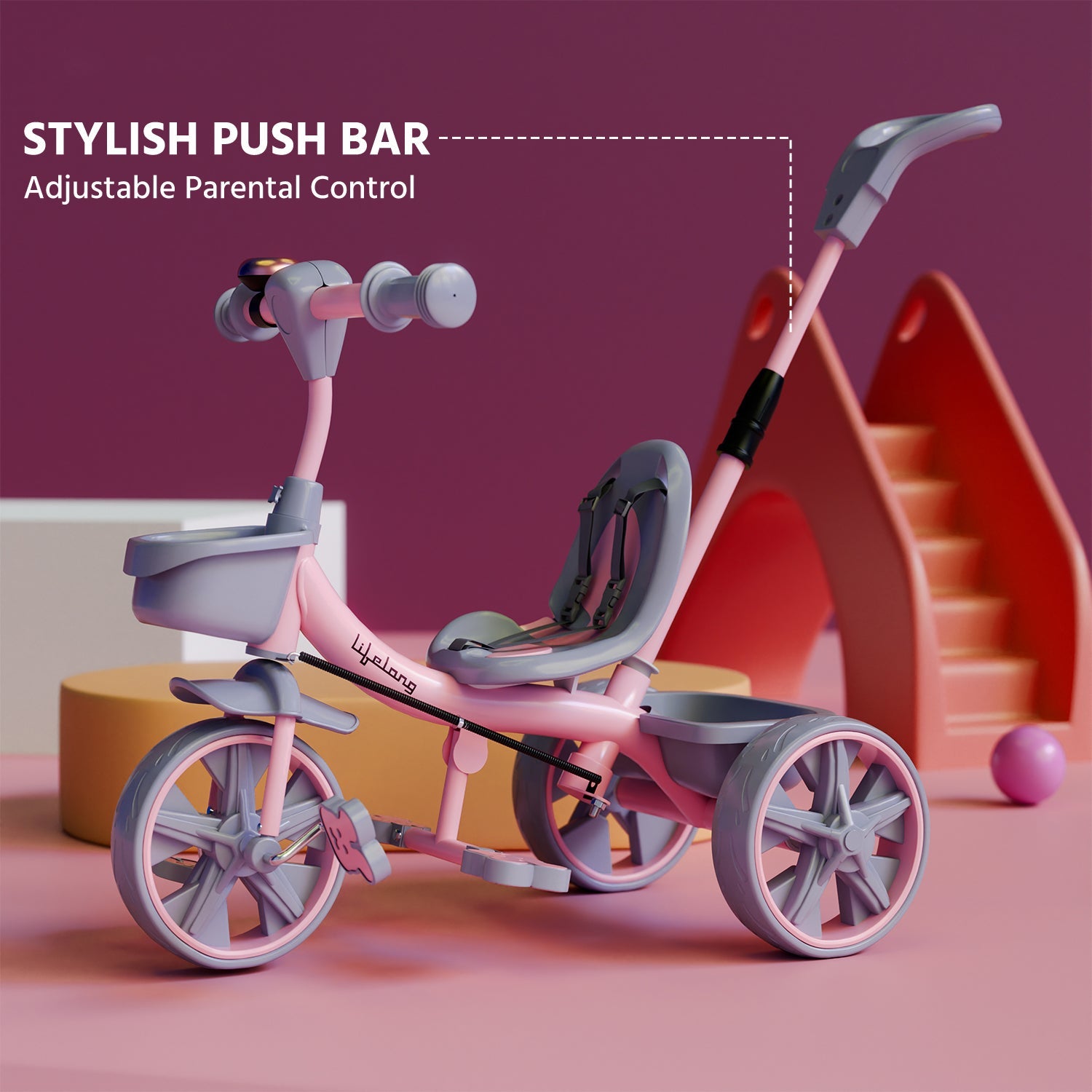 Kids Trike Cycle Parental Control, Pink & Grey