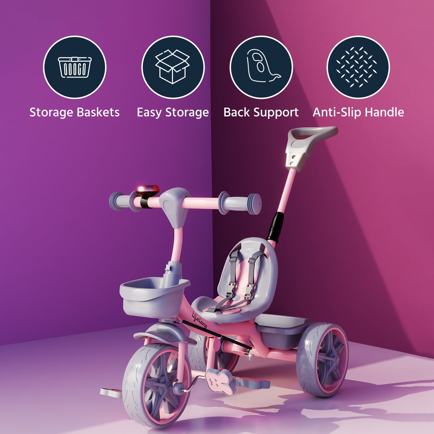 Kids Trike Cycle Parental Control, Pink & Grey